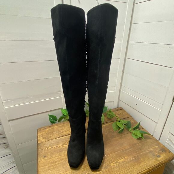 Nine West Over The Knee BLACK SUEDE Leather Fringe Stiletto Heels Boots 7 1/2 - Picture 15 of 16